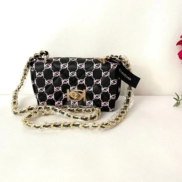 BEBE Liv Monogram Crossbody Bag Black/Light Pink Logo - Picture 1 of 8